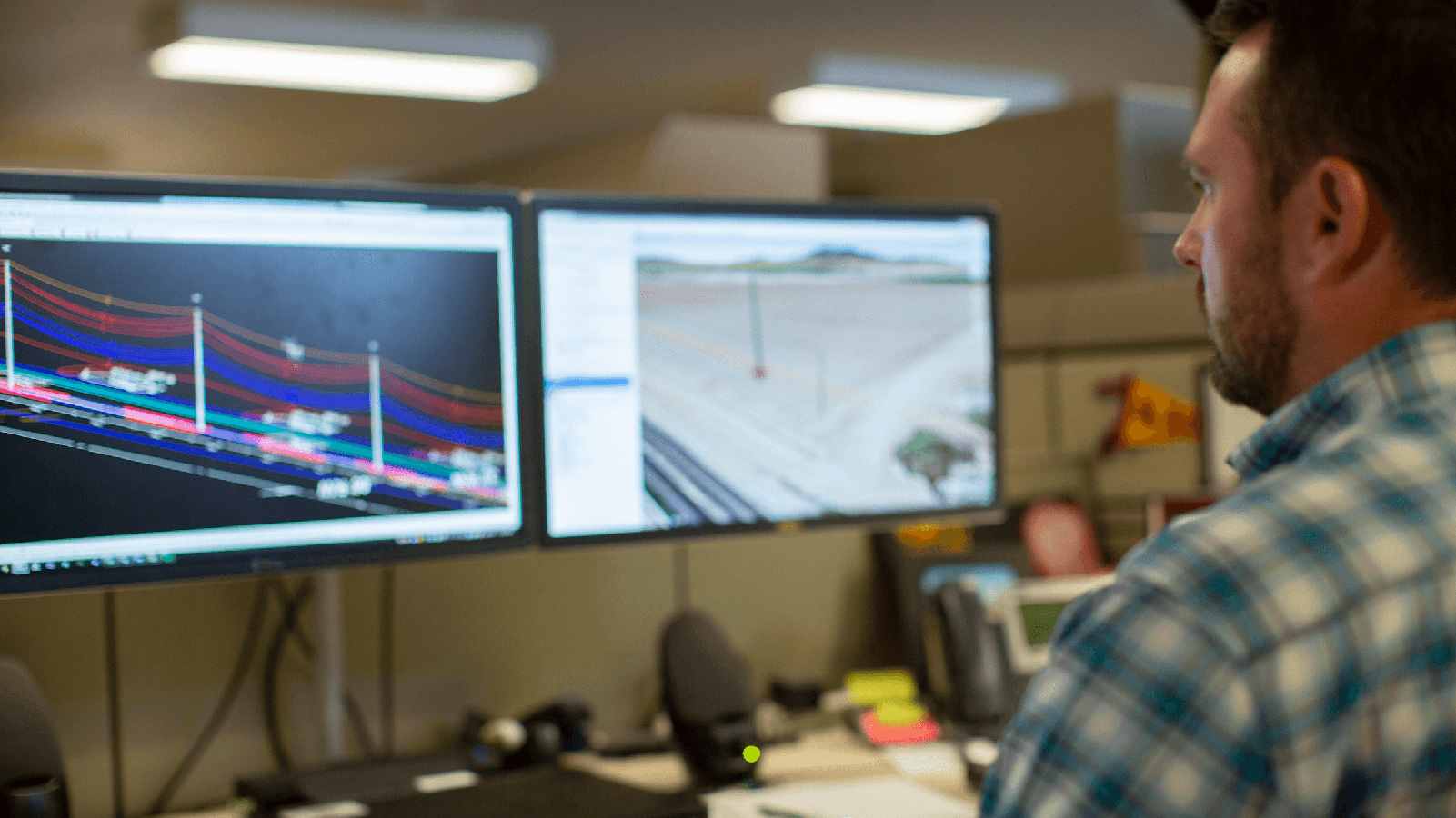 Man looking at his two computer monitors.