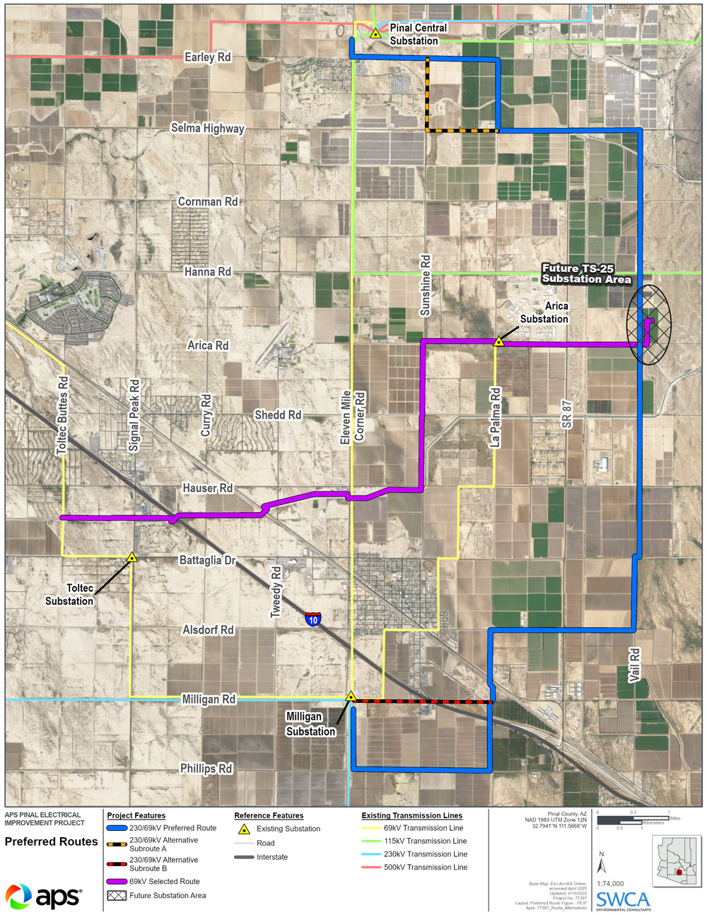 Mapa de las rutas preferidas para el Proyecto de Mejora Eléctrica de Pinal