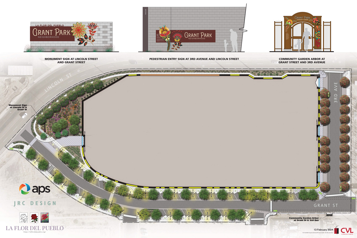 Site plan schematic titled 'Mural Locations + Size + Topic/Theme' for the Grant Park Neighborhood project, showing an aerial site layout bounded by Lincoln St, Grant St, and 3rd Ave with 46 numbered mural locations, a theme legend, and architectural renderings of entryway signs and an arbor across the top.
