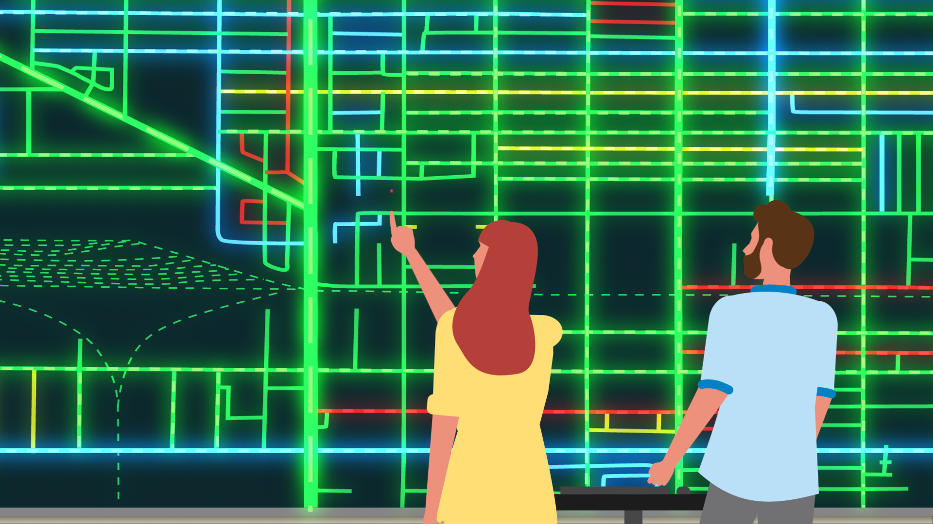 Rerouting animated graphic of two individuals looking at grid lines.