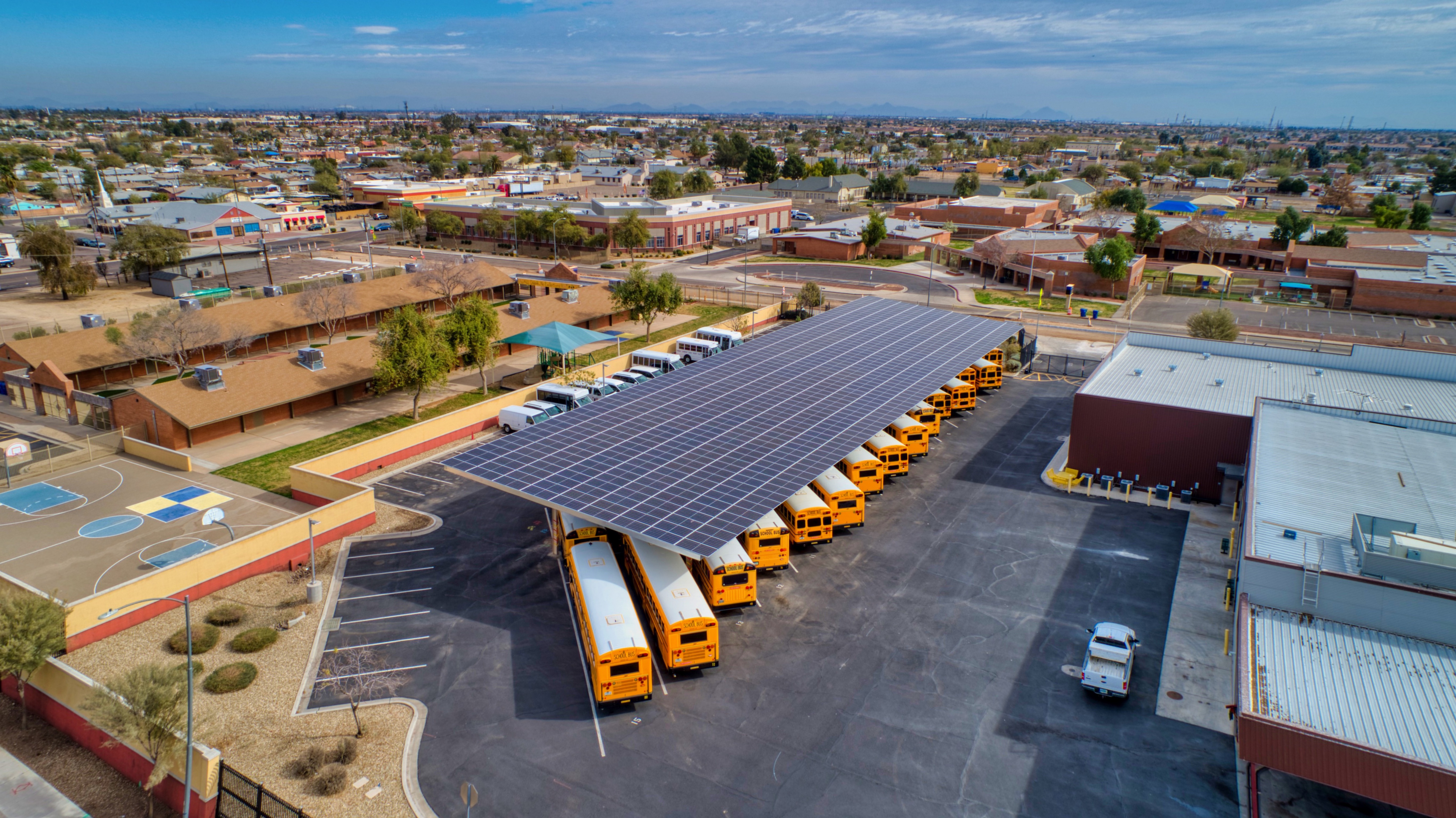 aerial view of a school bus parking lot
