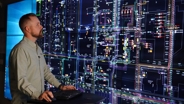 An APS Employee stands in front of a lighted signal board monitoring the grid