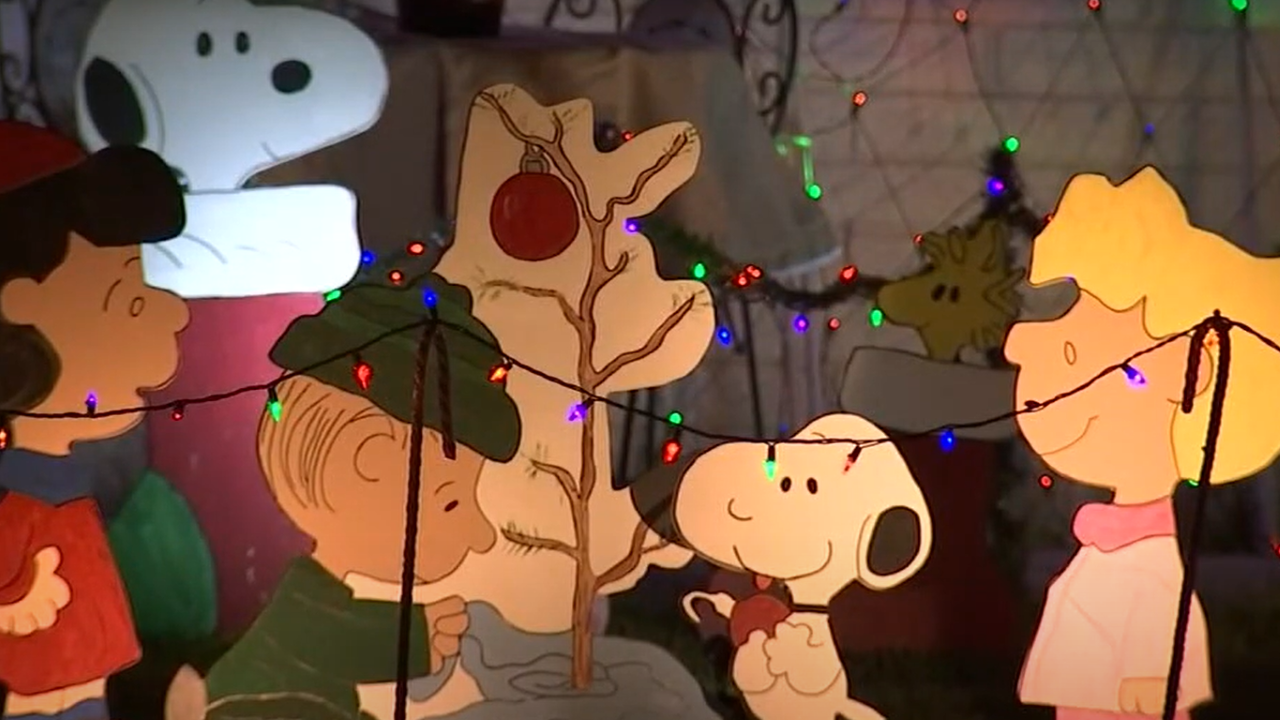 Christmas decorations and lights in the front yard of a house