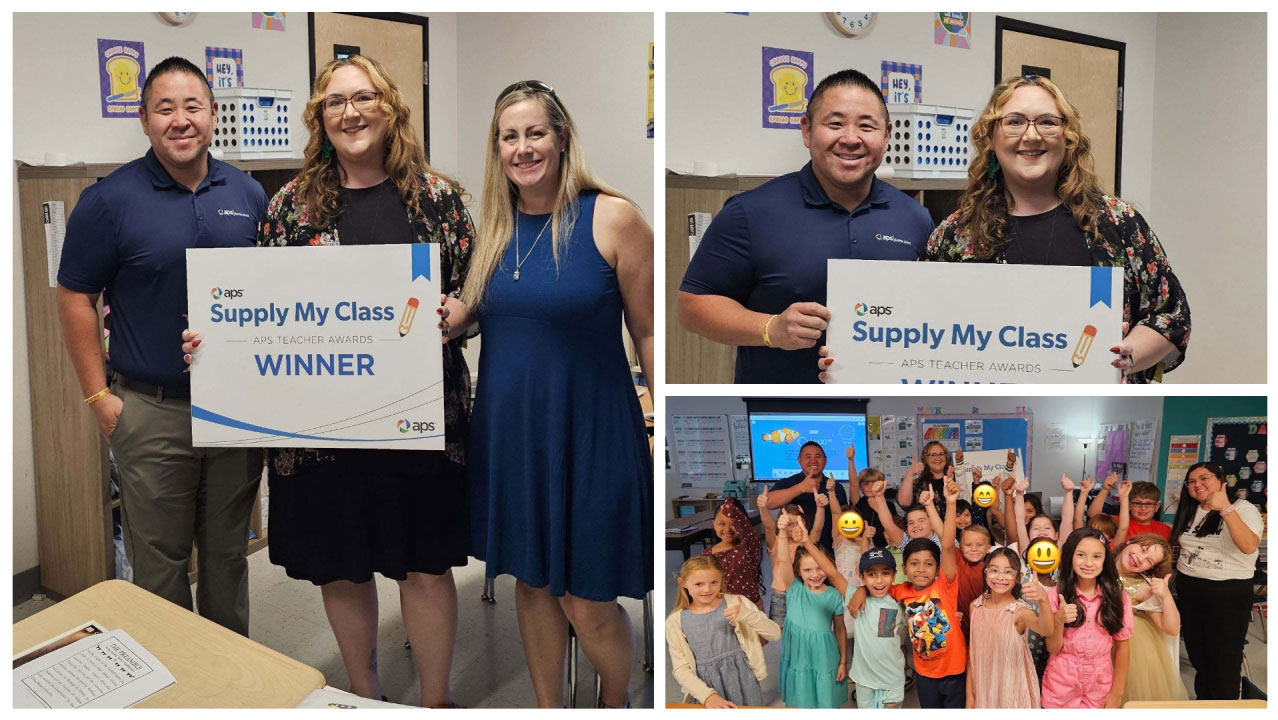 Taft Lee, Director de Gestión de Materiales de APS, sorprendió a la Sra. Rodríguez en la escuela primaria Kaleidoscope de Phoenix.