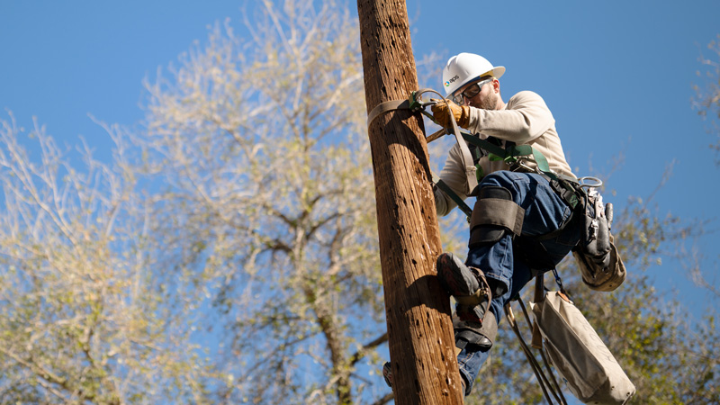 APS lineman strapped to and working on an electrical pole.