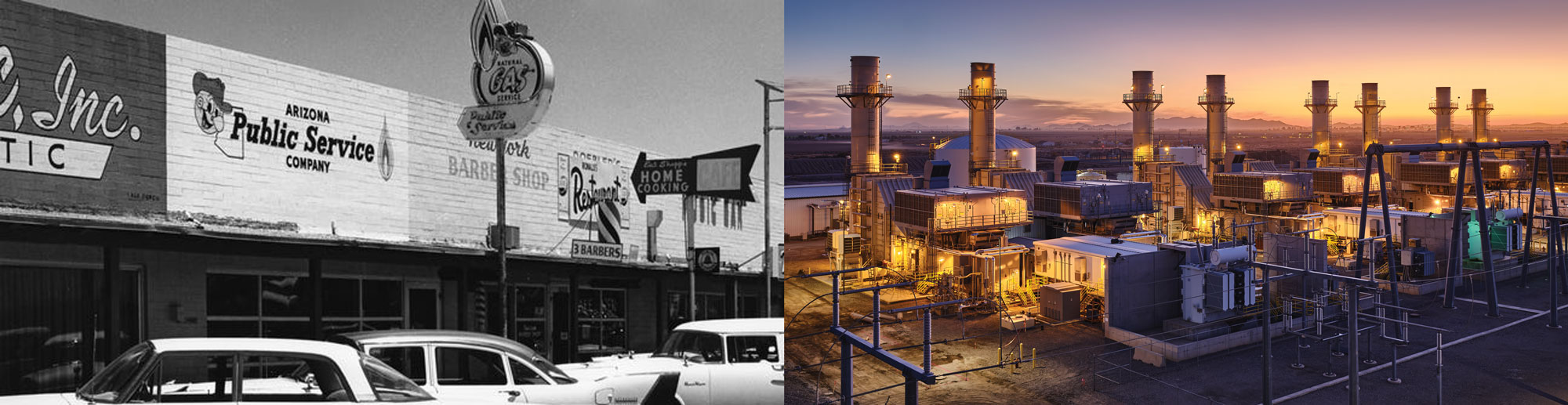 Original APS office from the 1950s next to an image of a modern power plant