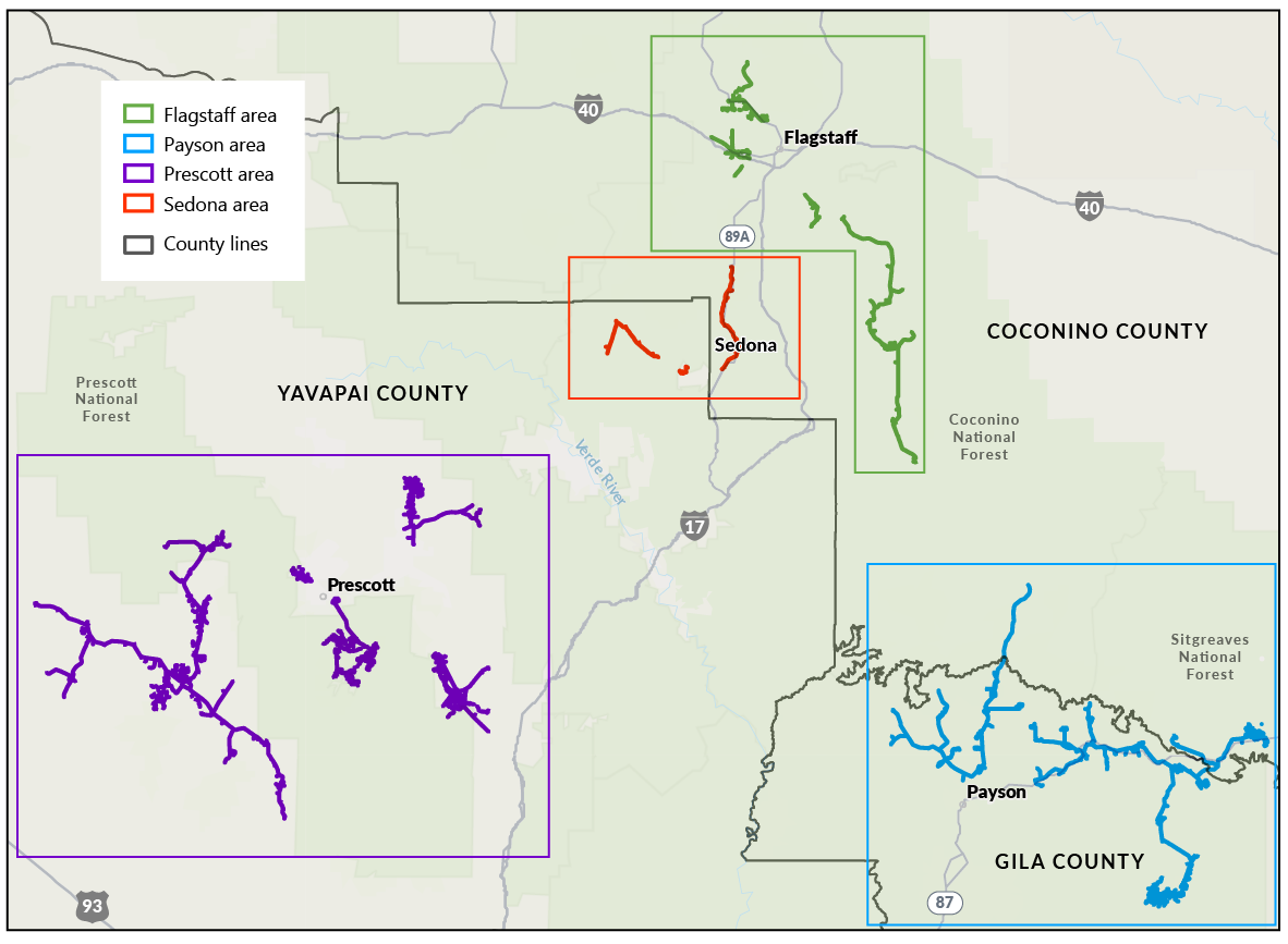 A color-coded map highlighting areas near Flagstaff, Sedona, Prescott and Payson in Northern Arizona.