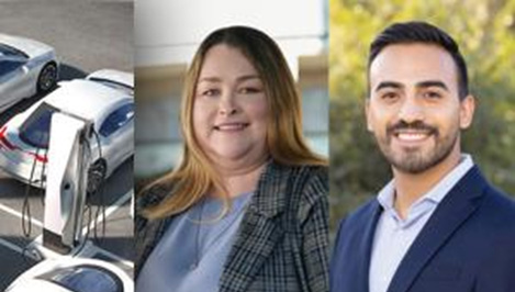 Suite of white electric cars charging, with an image of Kerri Carnes and Tony Perez