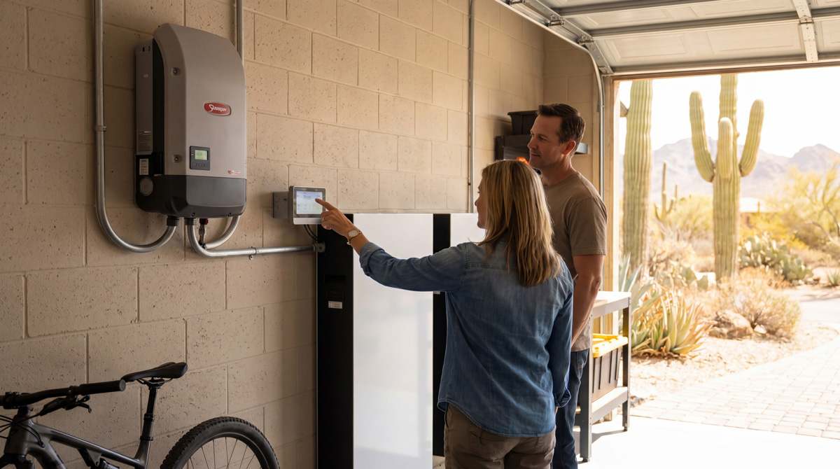 Couple looking at the battery in their garage