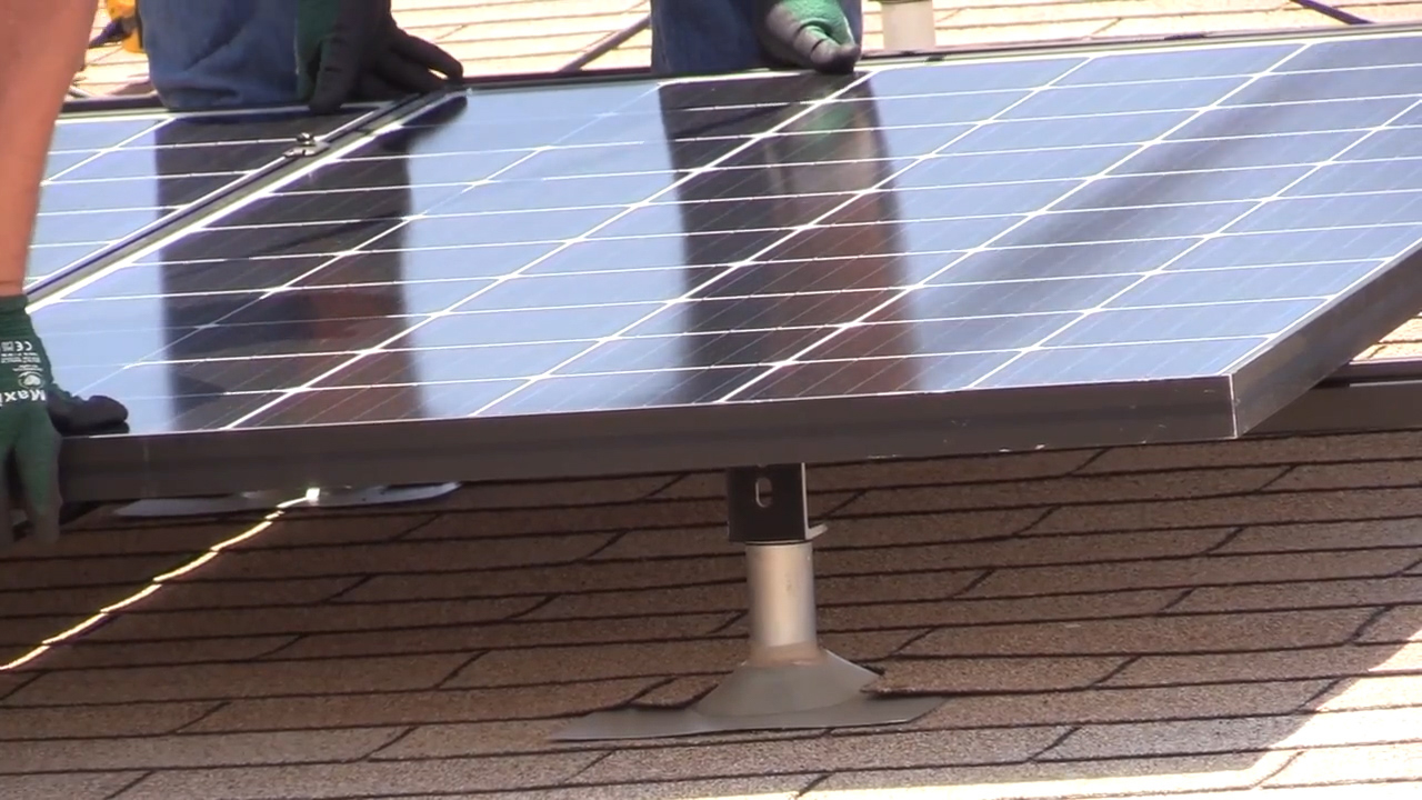 Close up image of a solar panel installation.