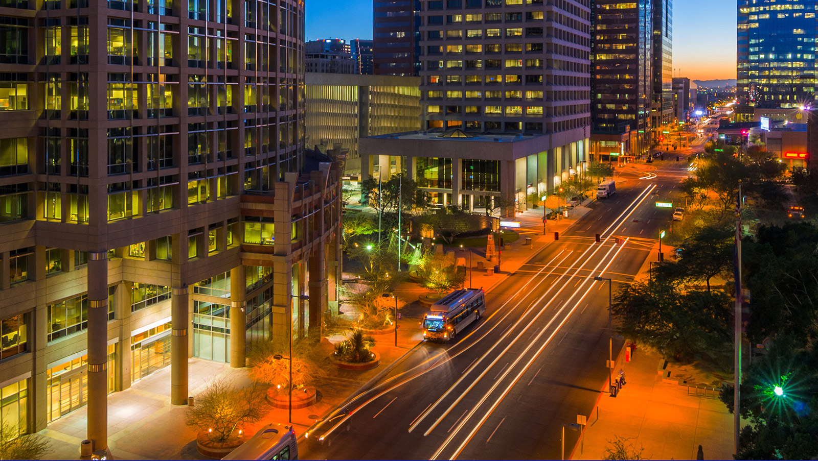 View of downtown at night.