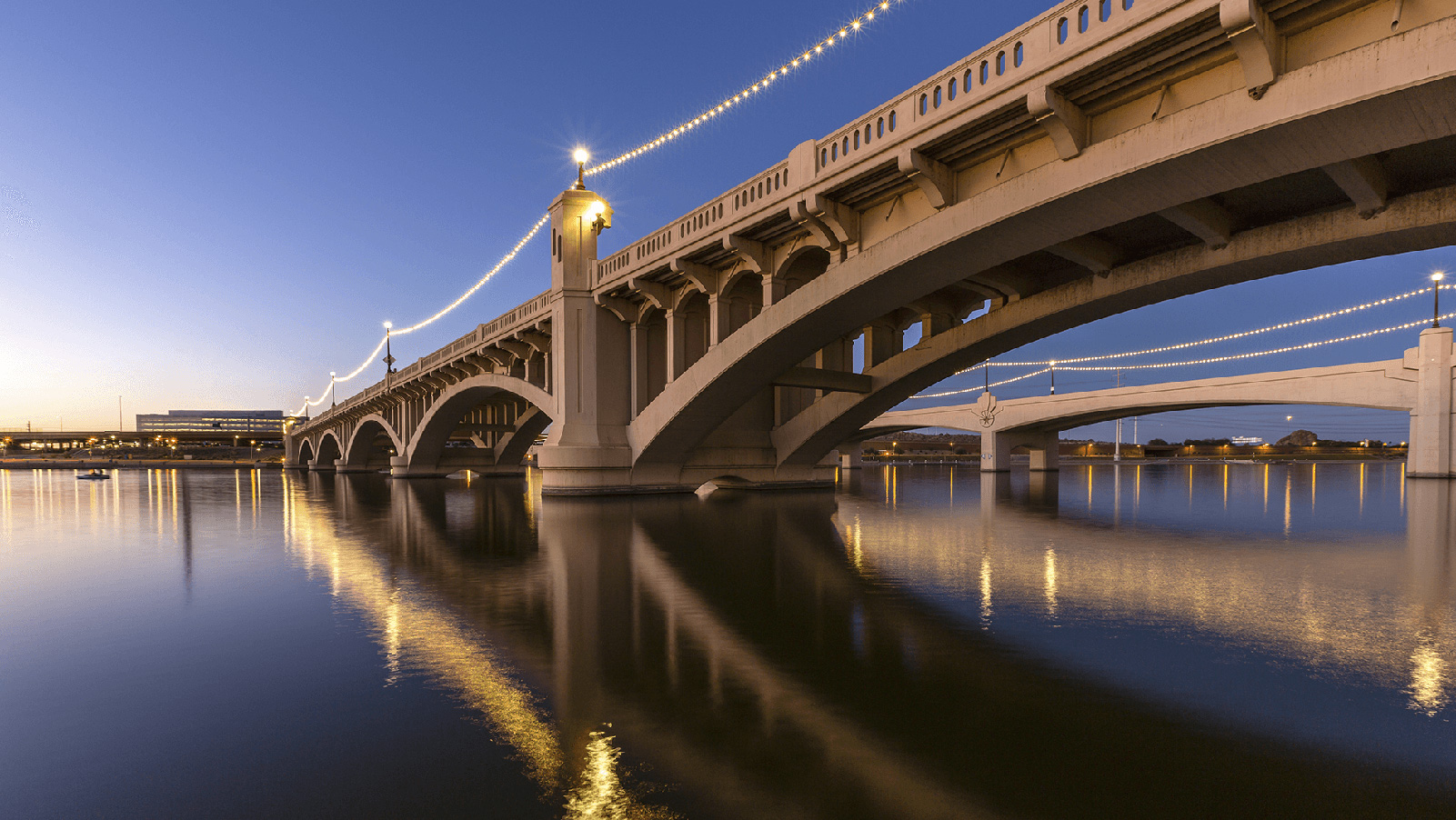 Tempe Town Lake bridge at dusk.