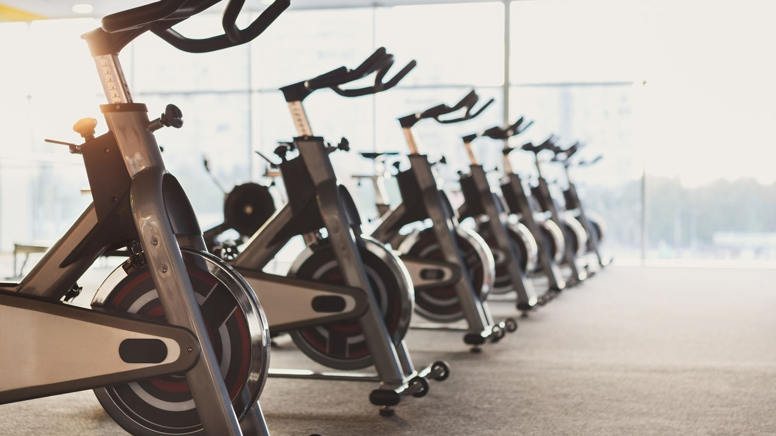 A room with many stationary bikes.