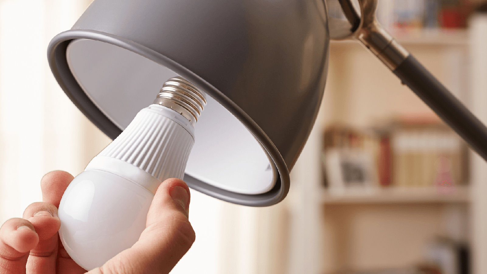 Person screwing a lightbuld into a desk lamp.