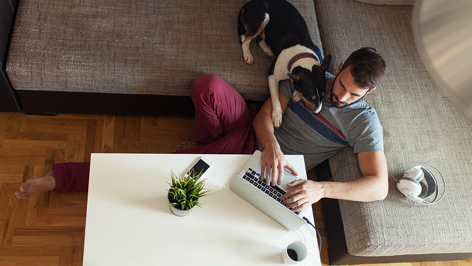 Man using laptop, sitting with dog on couch.