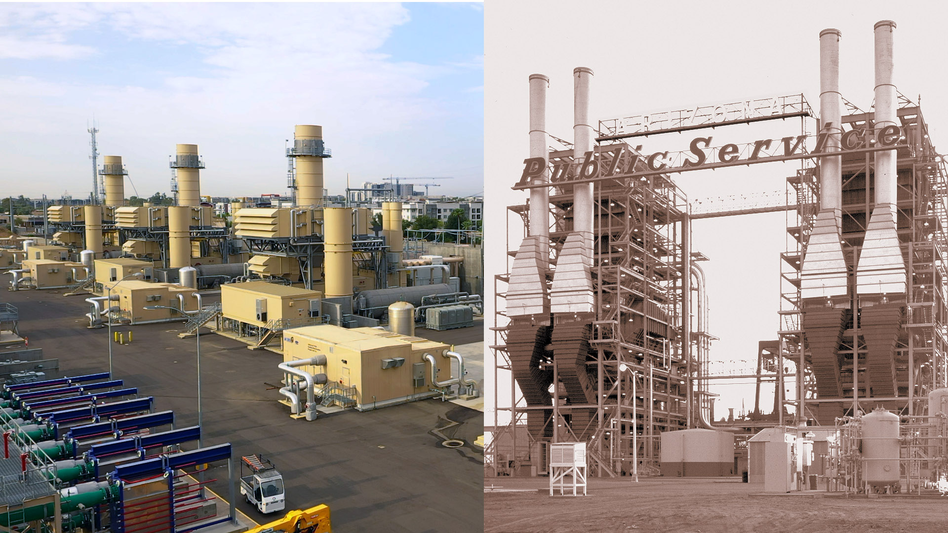 A photo of the new units at the Ocotillo Power Plant juxtaposed with an image of the old units.