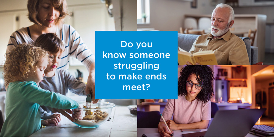 collage of people with 'Do you know someone struggling to make ends meet' in the middle