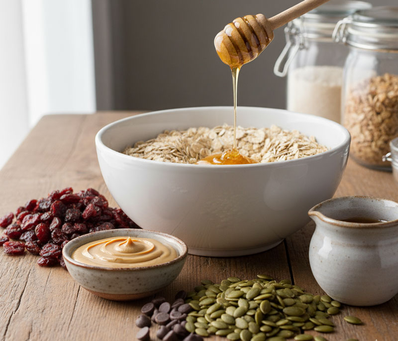 An image of oats in a bowl, surrounded by ingredients for granola bars