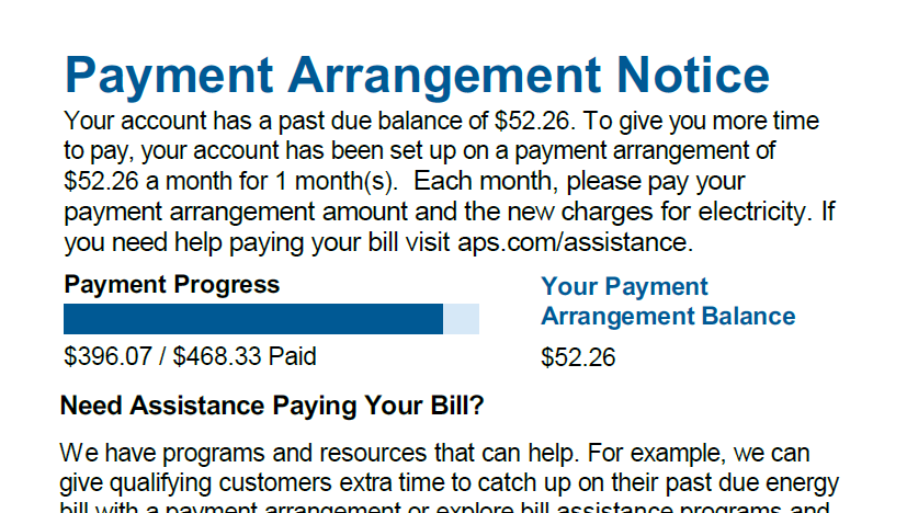 Payment arrangement notice on the APS electric bill