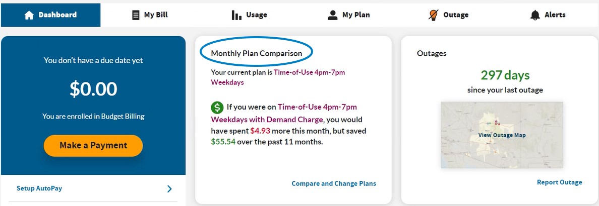 monthly comparison plan screen grab from MyAccount
